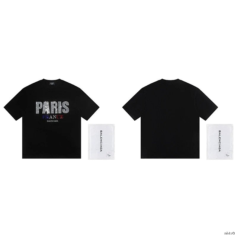 Balenciaga PARIS Rhinestone-Embellished Streetwear Black T-Shirt
