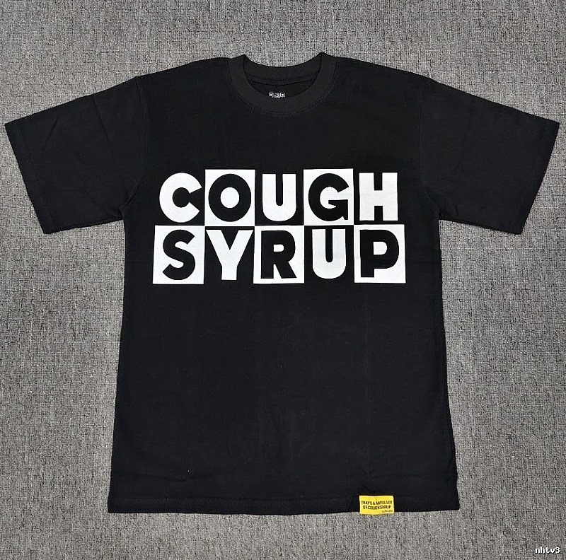 Black street-style short-sleeve T-shirt with COUGH SYRUP print