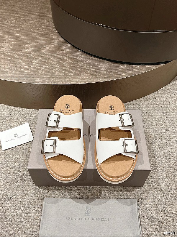 Brunello Cucinelli Double-Button Minimalist-Style White Slide Sandals