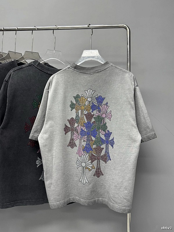 Chrome Hearts Cross Hot-Fix Rhinestone Street Style Light Grey T-Shirt