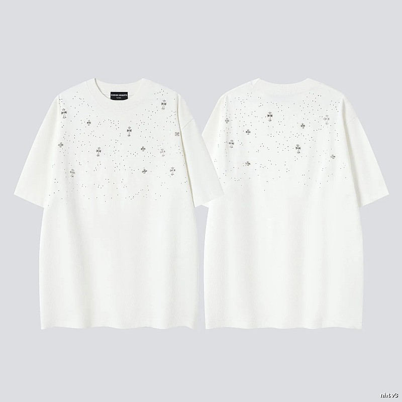 Chrome Hearts Cross Hot-Fix Rhinestone Street Style White T-Shirt