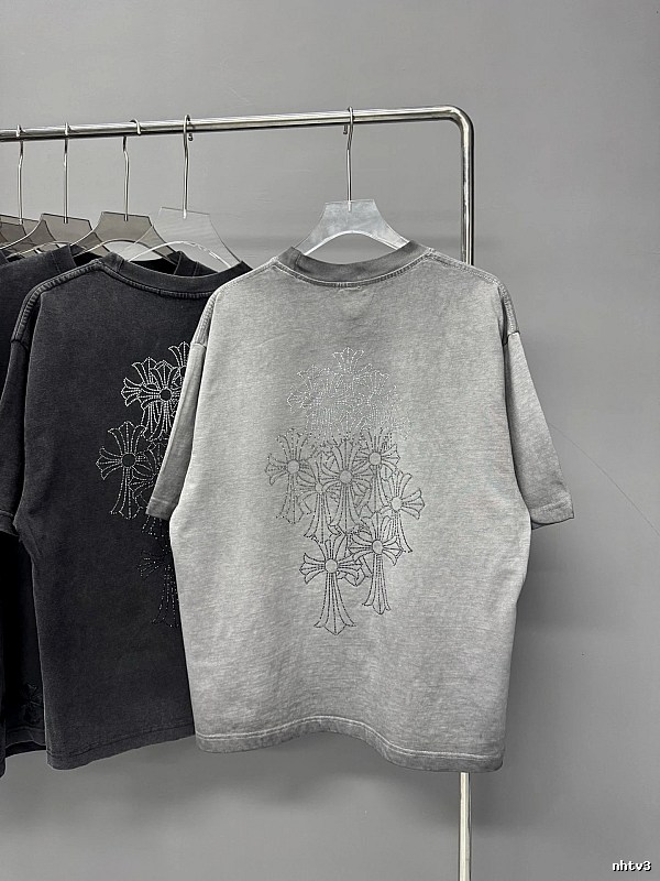 Chrome Hearts Cross Hot-stamped Rhinestone Street-style Grey Short-sleeve T-shirt