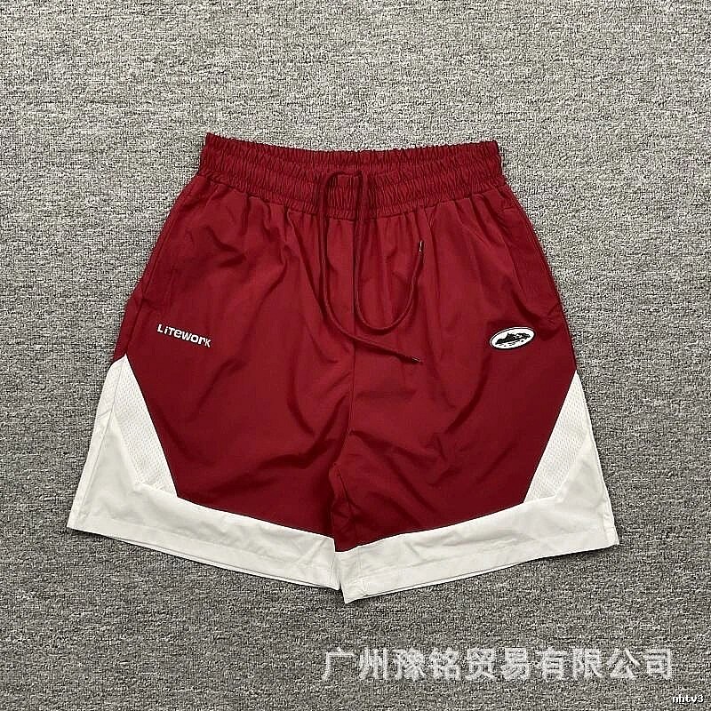 Corteiz Street Style Burgundy and White Colorblock Sports Shorts