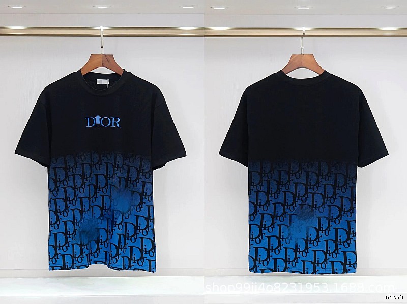 Dior Classic Monogram Trendy Style Black-Blue Gradient T-Shirt