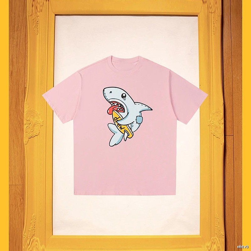 DREW Cartoon Shark Street Style Pink Short-sleeve T-shirt