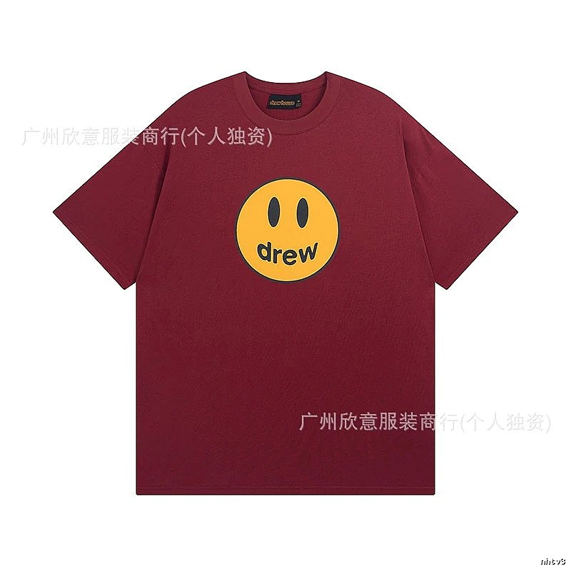 DREW Smiley Face Streetwear Style Burgundy Short Sleeve T-Shirt
