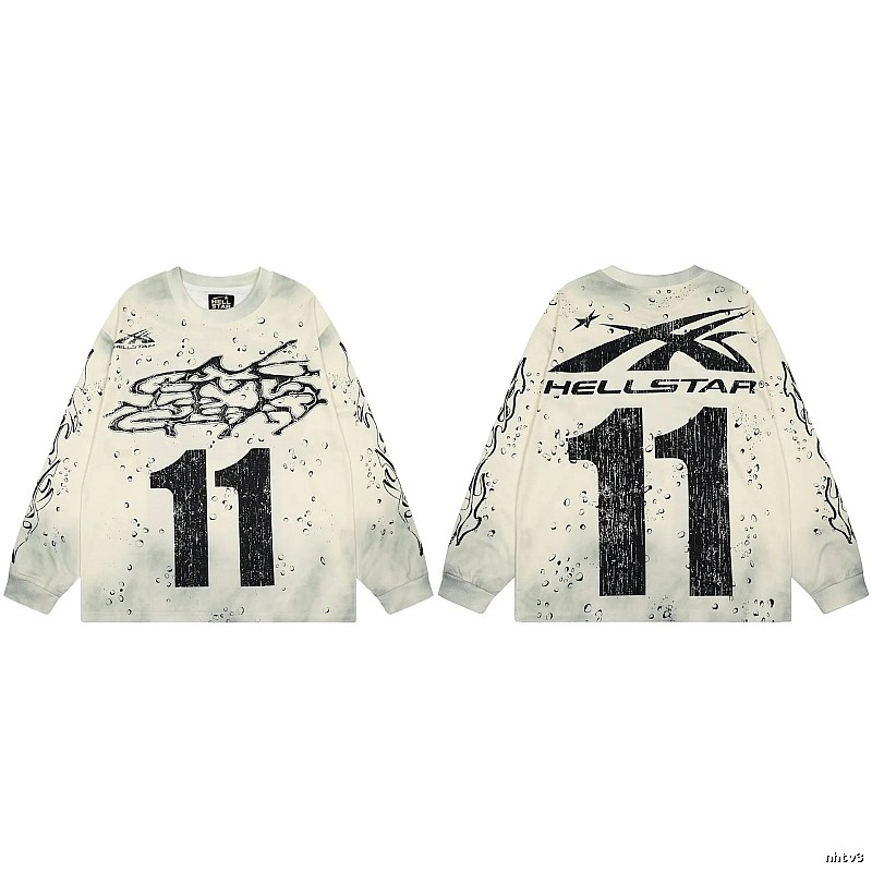 Hellstar No.11 Distressed Street Style Off-white Long Sleeve T-shirt