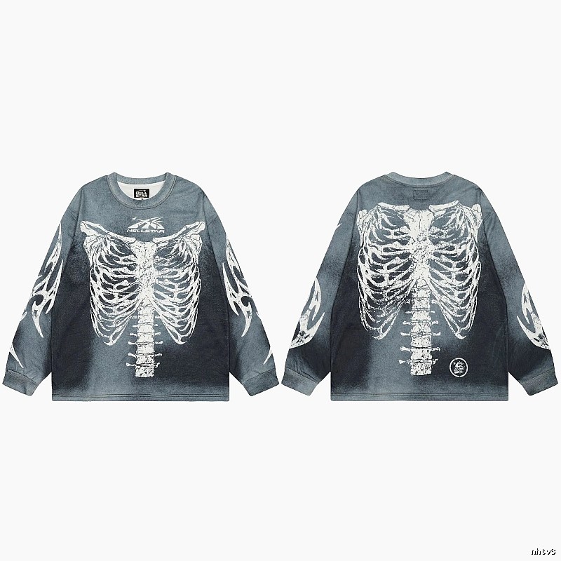 Hellstar Skull Print Street Style Vintage Grey Long Sleeve T-shirt