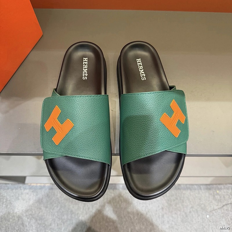 Hermès H Collection Casual Style Green & Orange Color-block Slide Sandals