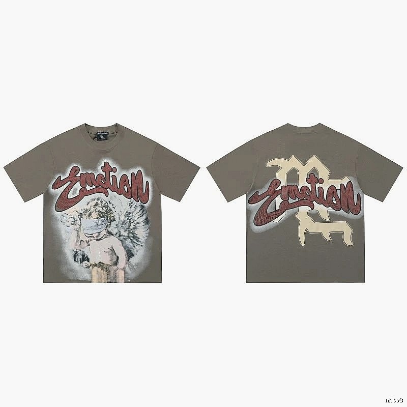 Mixed Emotion Angel Print Street Style Khaki T-shirt