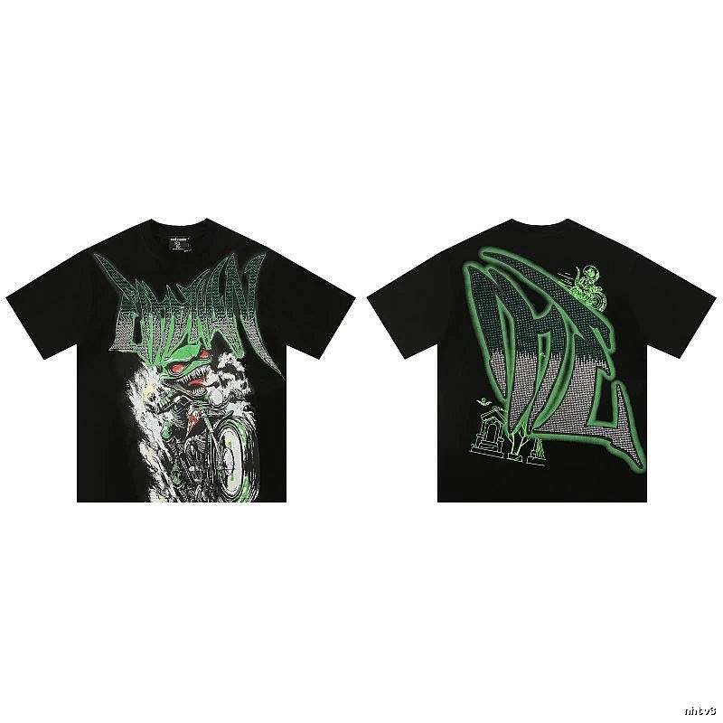 Mixed Emotion Motorcycle Gothic Style Black and Green Short Sleeve T-Shirt