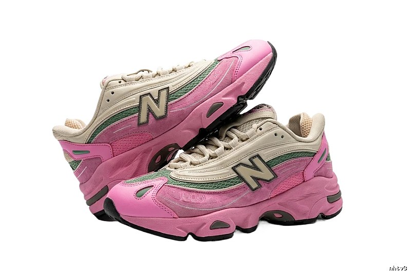 New Balance retro-style pink and green athletic shoes.