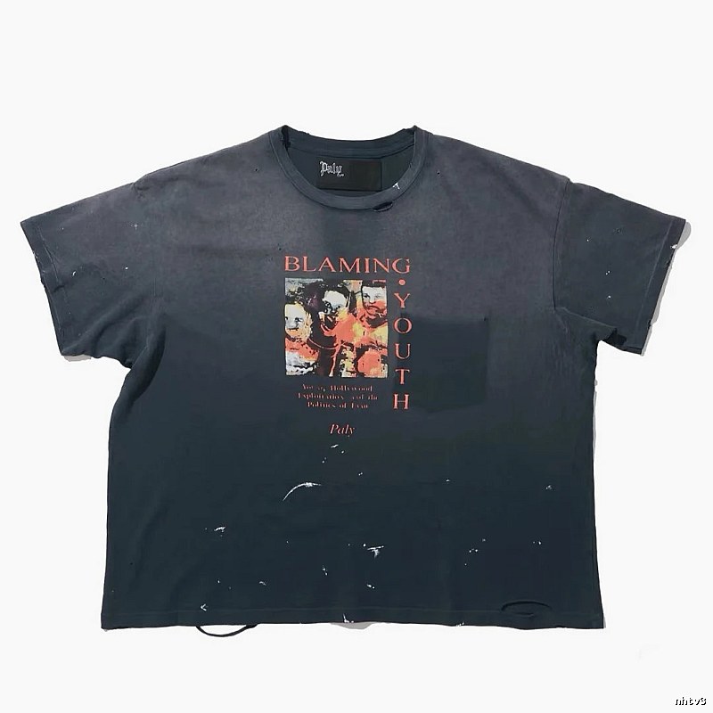 Paly Hollywood Distressed Print Vintage Charcoal Black T-Shirt