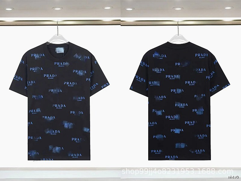 Prada All-over Printed Streetwear Style Black Short-sleeve T-shirt