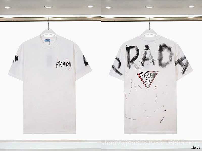 Prada Triangle Logo Graffiti Street Style White Short-sleeve T-shirt