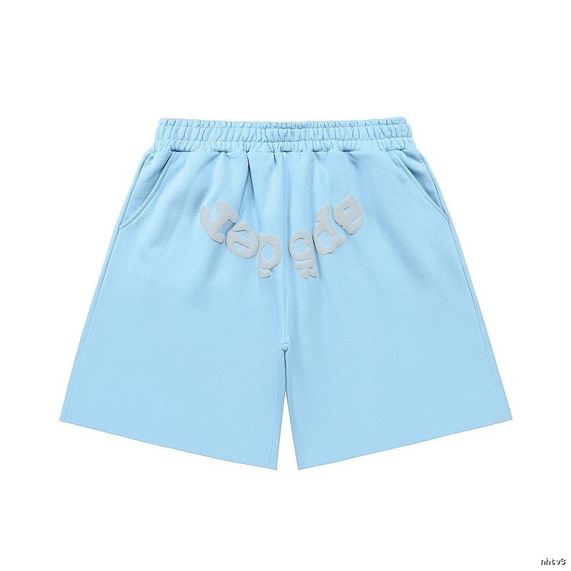 Sp5der letter-style light blue shorts