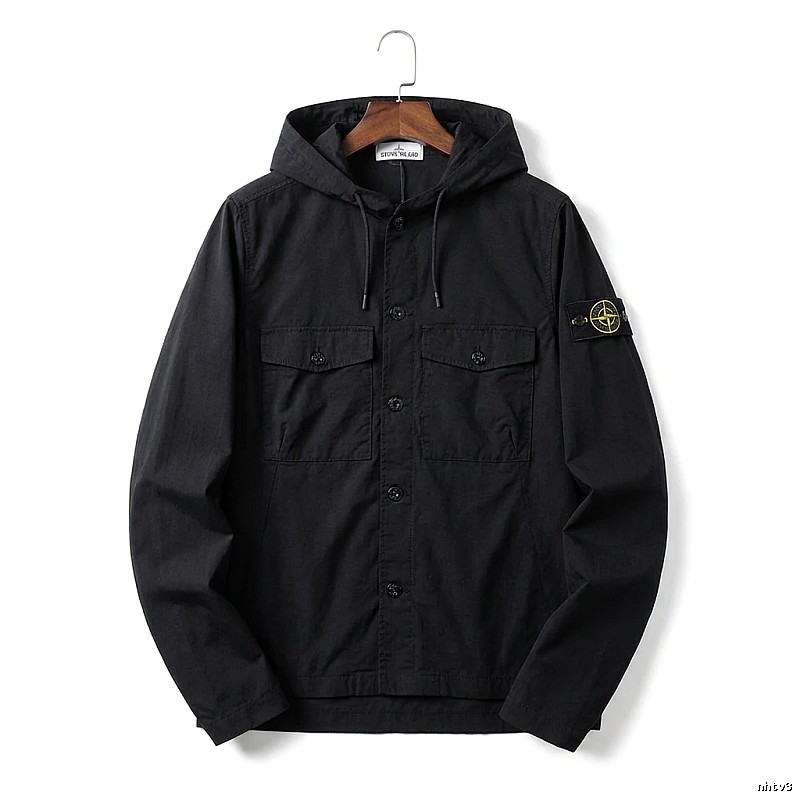 Stone Island Workwear Style Black Hooded Coat