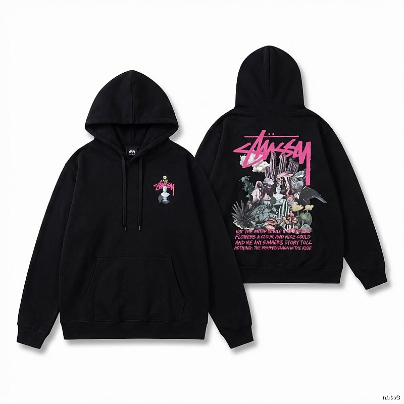 Stussy-printed trendy black sweatshirt