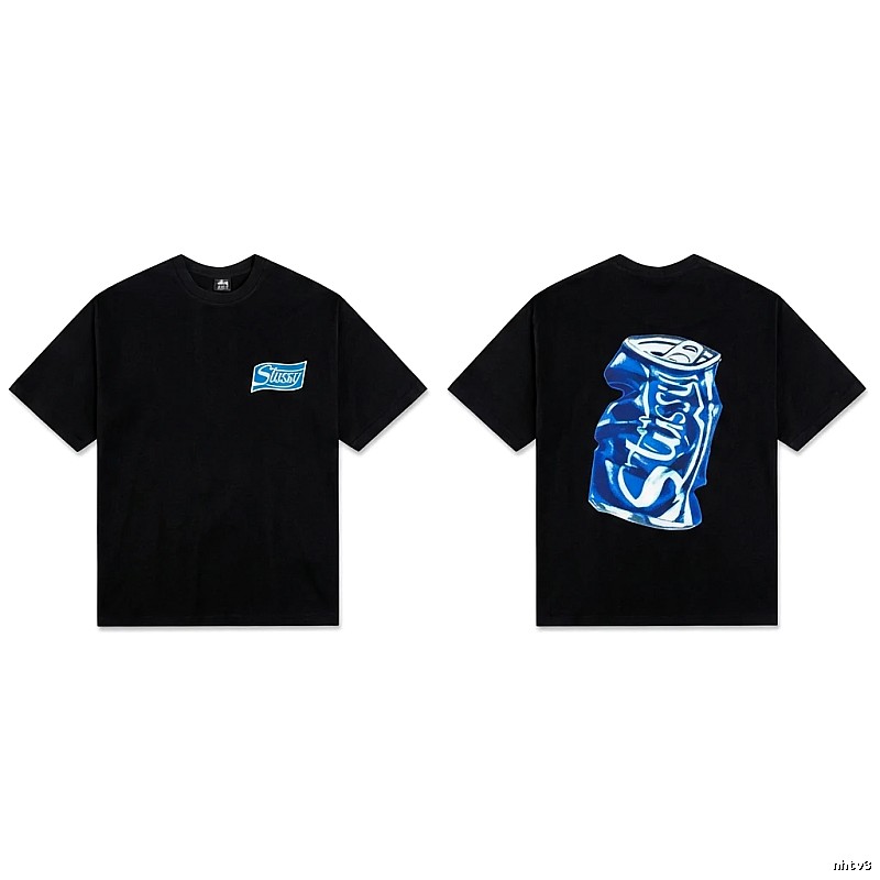 Stussy's black T-shirt with a can-style design