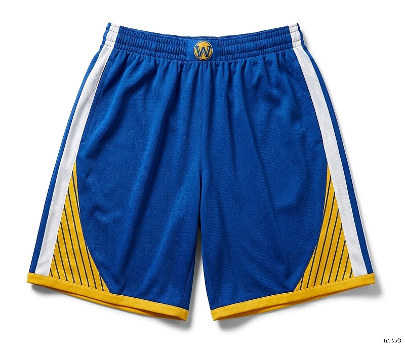The blue, white and yellow shorts of the Golden State Warriors for Curry.
