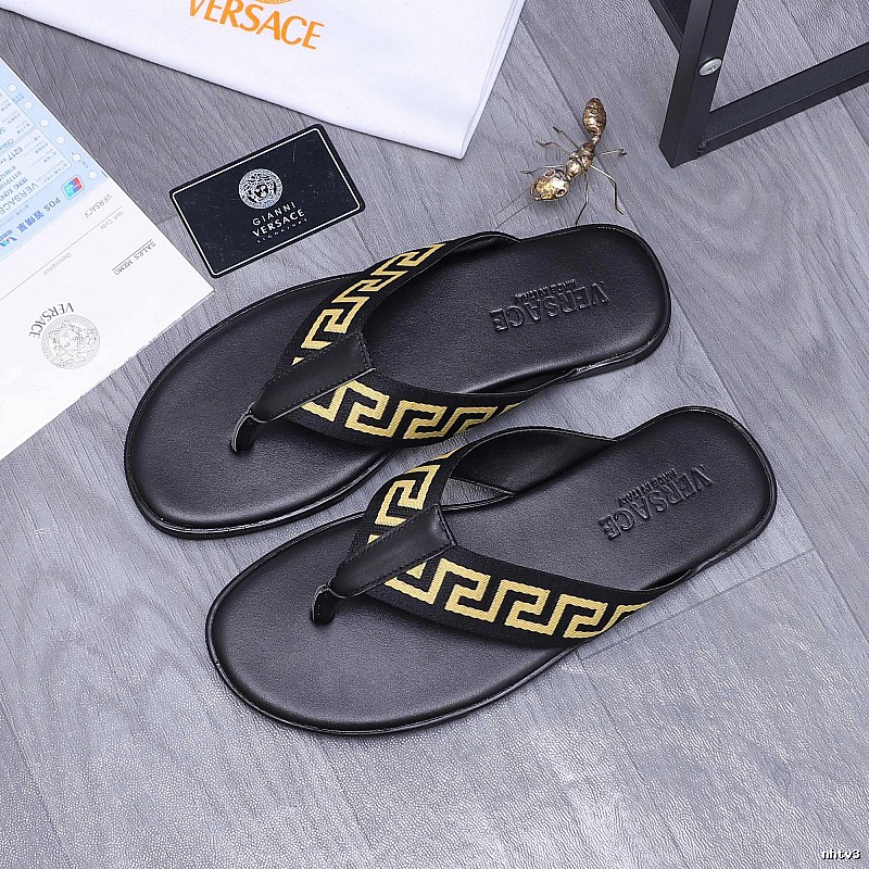 Versace Edgy Black & Gold Greek Key Flip-Flops