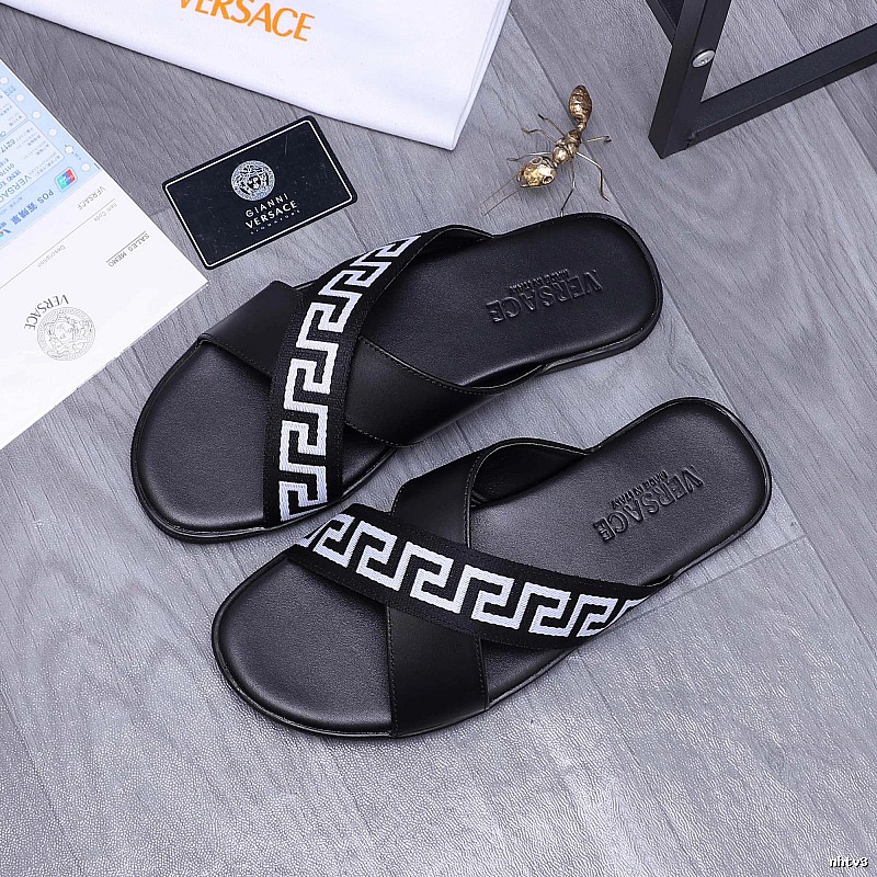 Versace Greek Key Casual Style Black Slide Sandals