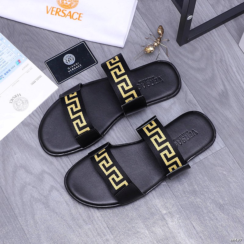 Versace Greek Key Light Luxury Black & Gold Slide Slippers