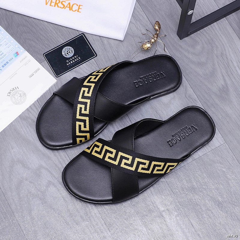 Versace Greek Key Luxury Style Black and Gold Slide Sandals